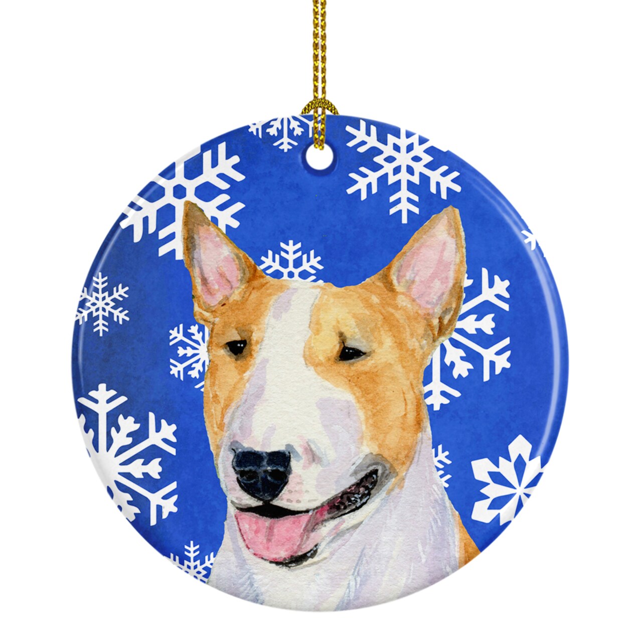 Caroline&#x27;s Treasures   SS4634-CO1 Bull Terrier Winter Snowflakes Holiday Ceramic Ornament, 3 in, multicolor